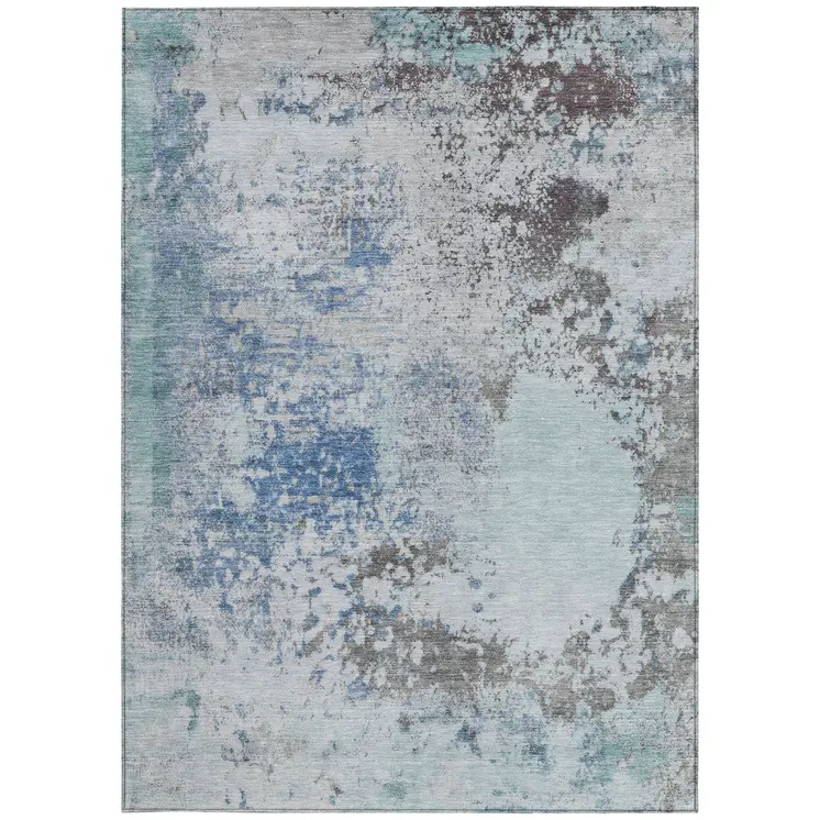 5' X 8' Turquoise Denim Blue And Gray Abstract Washable Indoor Outdoor Area Rug