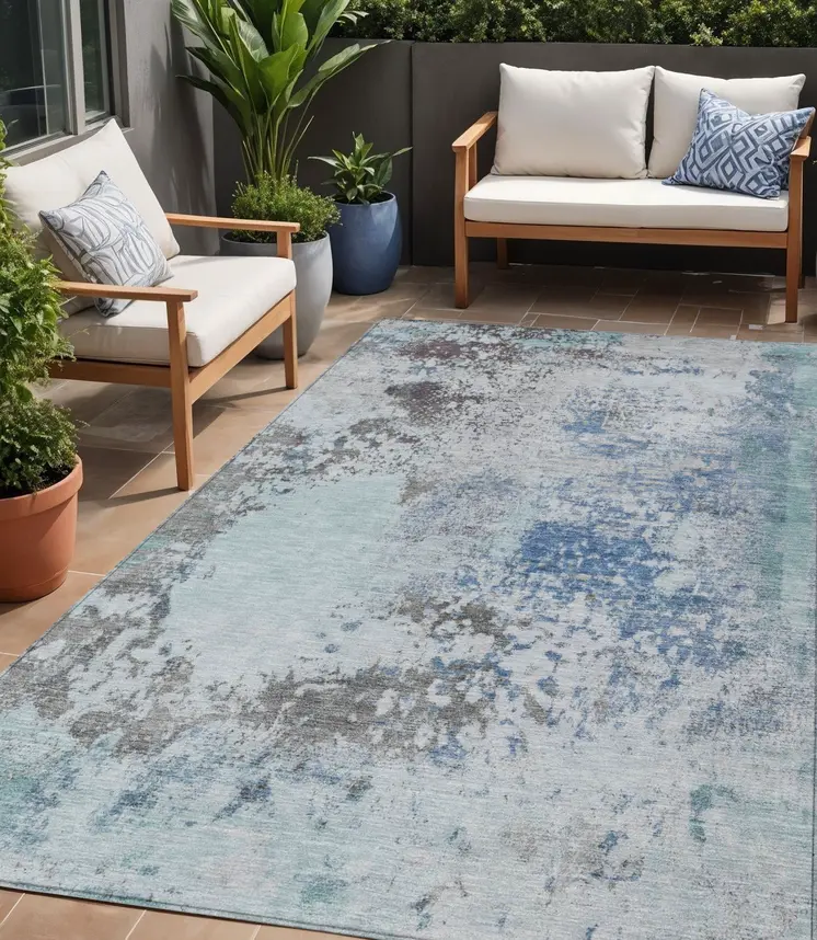 5' X 8' Turquoise Denim Blue And Gray Abstract Washable Indoor Outdoor Area Rug