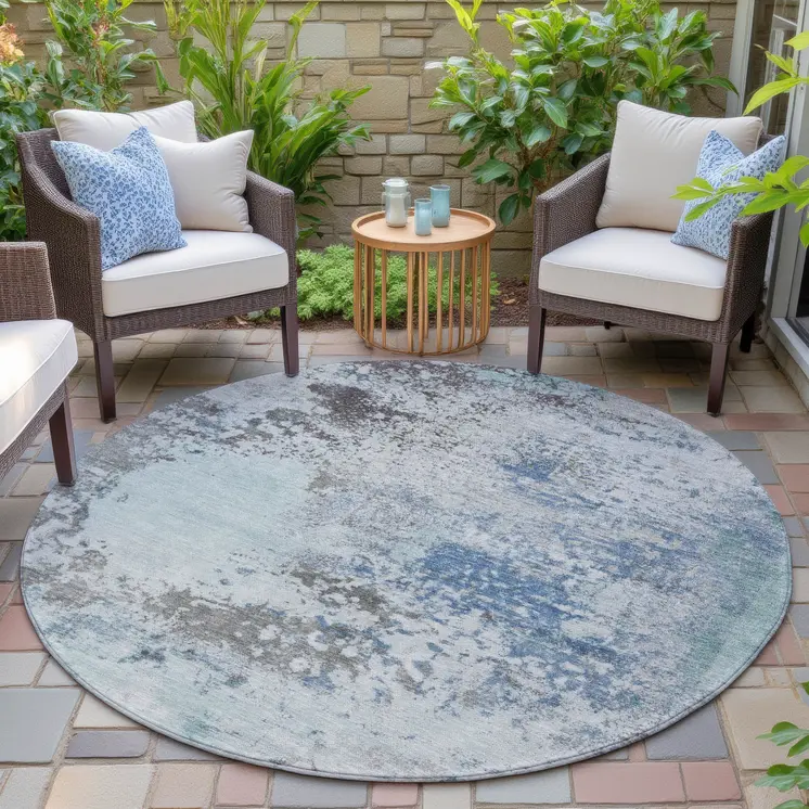8' Turquoise Denim Blue And Gray Round Abstract Washable Indoor Outdoor Area Rug