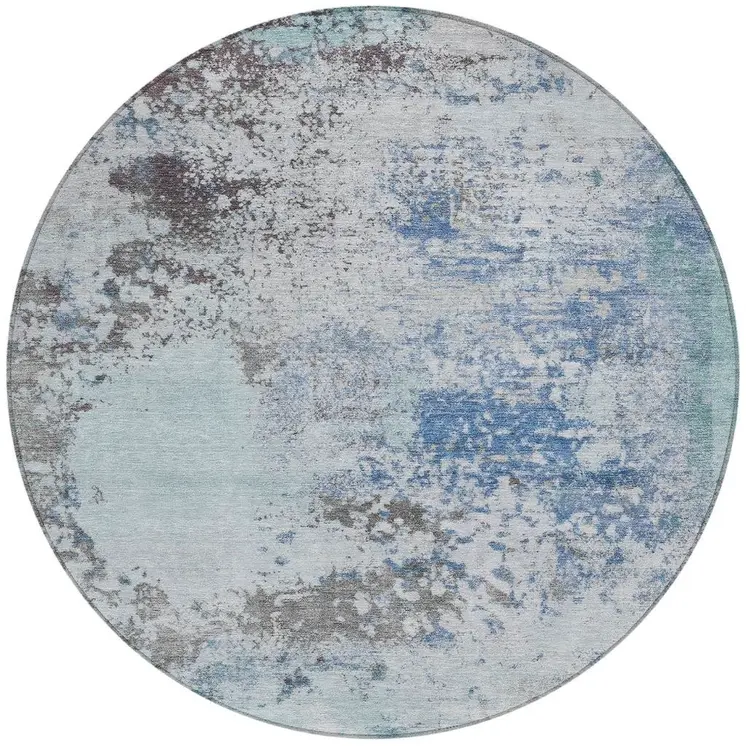 8' Turquoise Denim Blue And Gray Round Abstract Washable Indoor Outdoor Area Rug