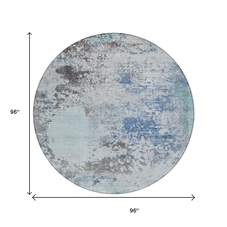8' Turquoise Denim Blue And Gray Round Abstract Washable Indoor Outdoor Area Rug