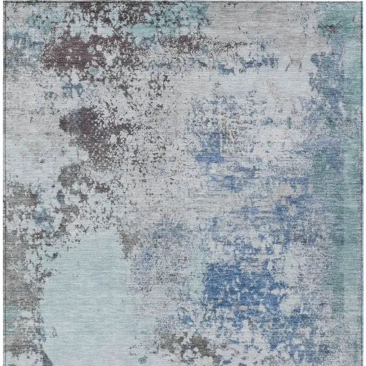 8' X 10' Turquoise Denim Blue And Gray Abstract Washable Indoor Outdoor Area Rug