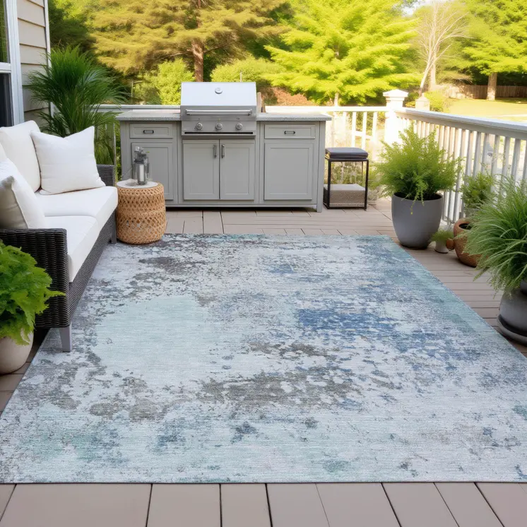 8' X 10' Turquoise Denim Blue And Gray Abstract Washable Indoor Outdoor Area Rug
