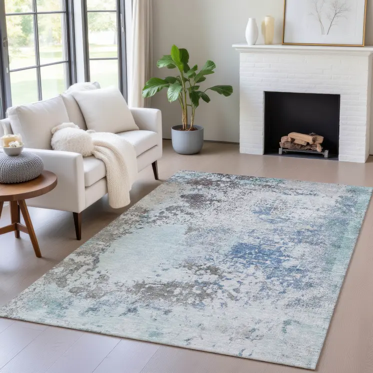 8' X 10' Turquoise Denim Blue And Gray Abstract Washable Indoor Outdoor Area Rug