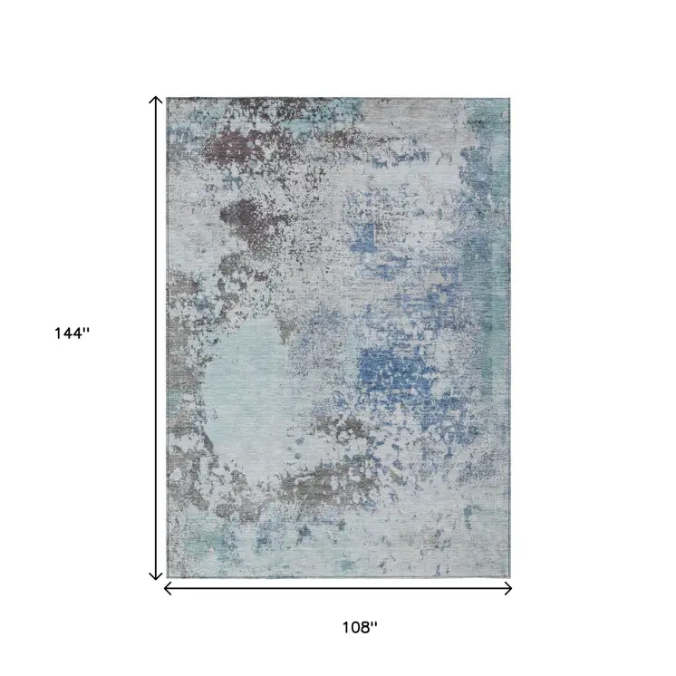 9' X 12' Turquoise Denim Blue And Gray Abstract Washable Indoor Outdoor Area Rug