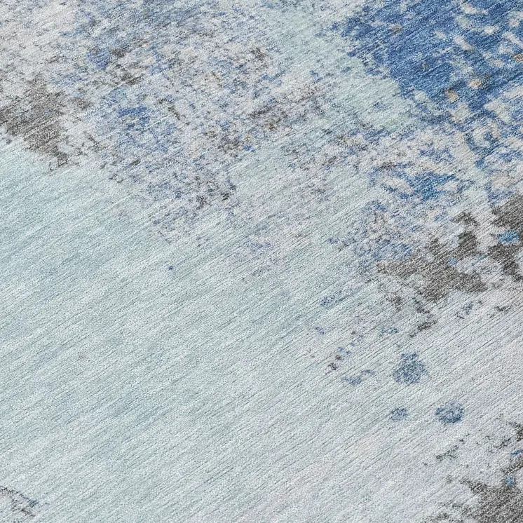 9' X 12' Turquoise Denim Blue And Gray Abstract Washable Indoor Outdoor Area Rug