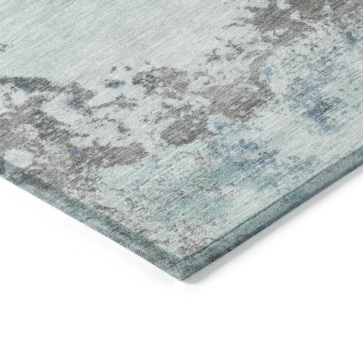 10' X 14' Turquoise Denim Blue And Gray Abstract Washable Indoor Outdoor Area Rug