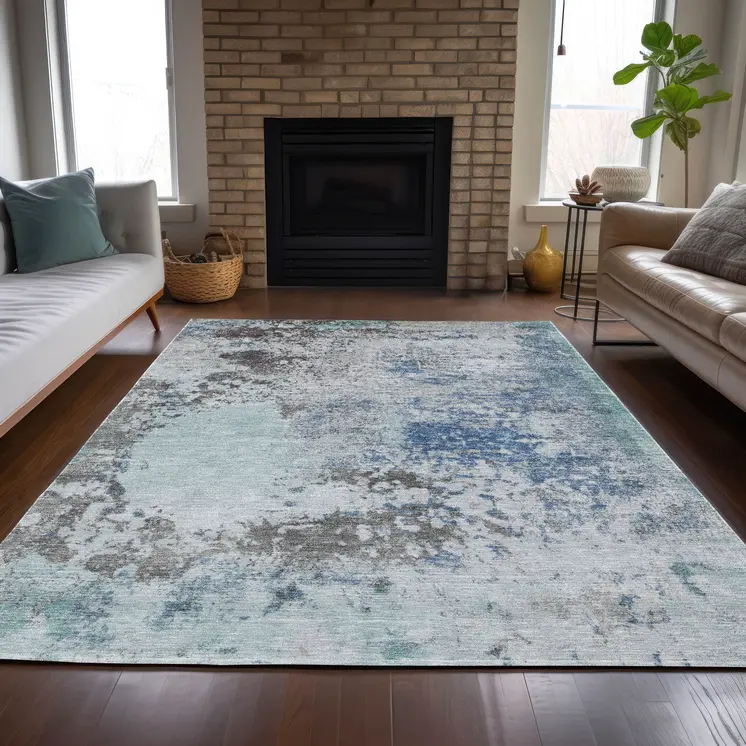 10' X 14' Turquoise Denim Blue And Gray Abstract Washable Indoor Outdoor Area Rug