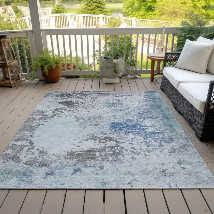 10' X 14' Turquoise Denim Blue And Gray Abstract Washable Indoor Outdoor Area Rug