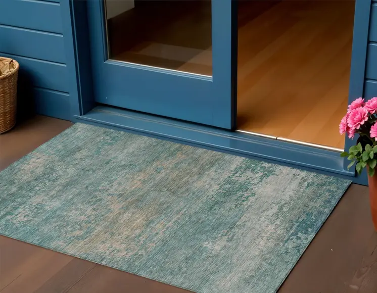 3' X 5' Aqua And Beige Abstract Washable Indoor Outdoor Area Rug