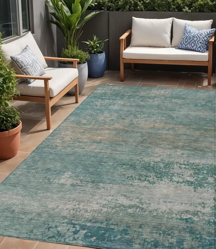 5' X 8' Aqua And Beige Abstract Washable Indoor Outdoor Area Rug