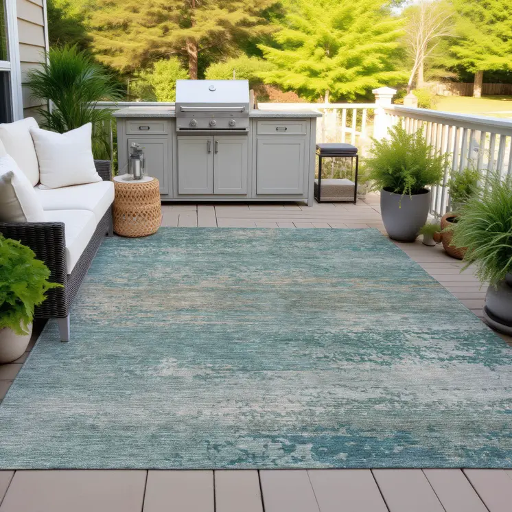 5' X 8' Aqua And Beige Abstract Washable Indoor Outdoor Area Rug