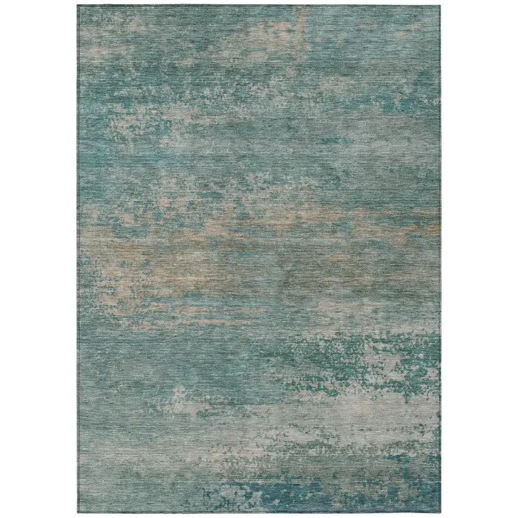 5' X 8' Aqua And Beige Abstract Washable Indoor Outdoor Area Rug