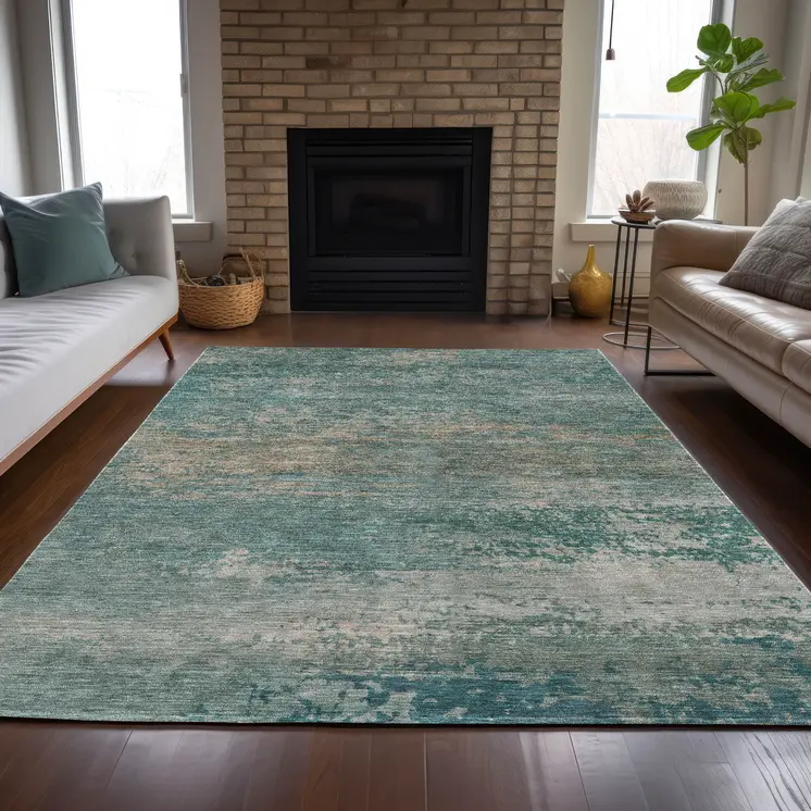 5' X 8' Aqua And Beige Abstract Washable Indoor Outdoor Area Rug