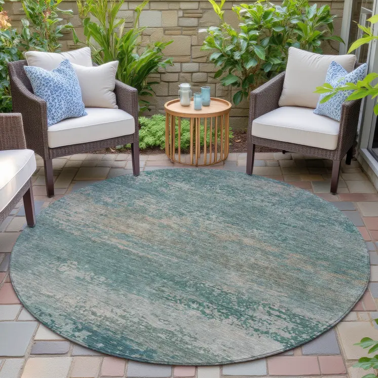 8' Aqua And Beige Round Abstract Washable Indoor Outdoor Area Rug