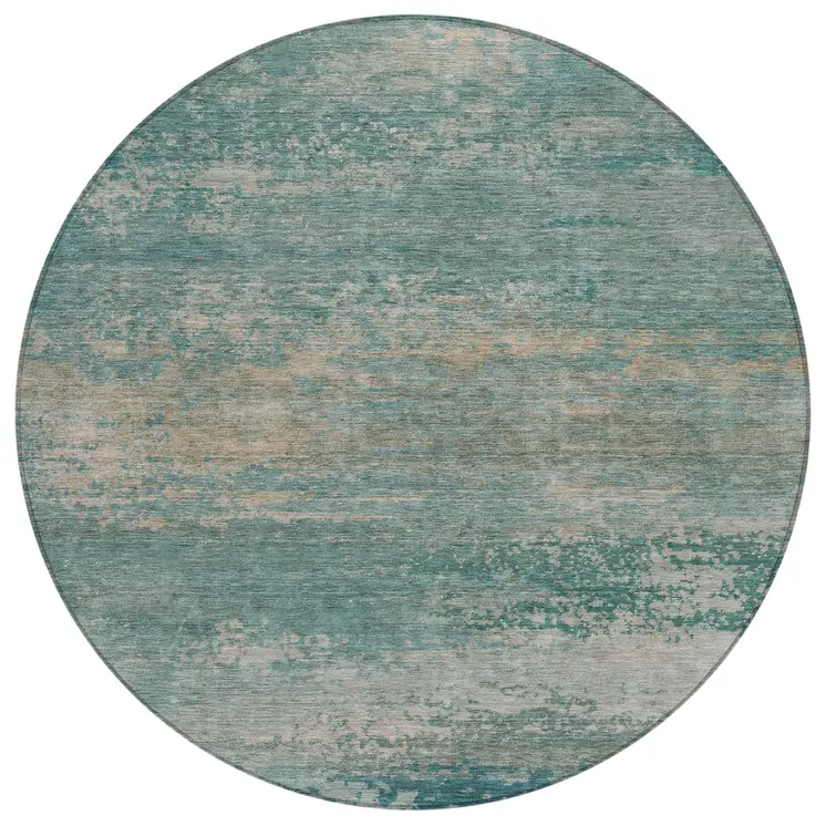 8' Aqua And Beige Round Abstract Washable Indoor Outdoor Area Rug