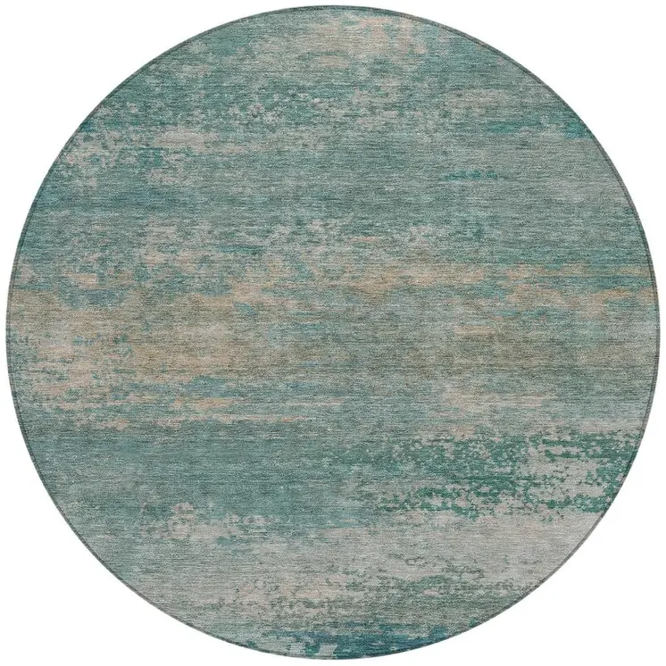 8' Aqua And Beige Round Abstract Washable Indoor Outdoor Area Rug