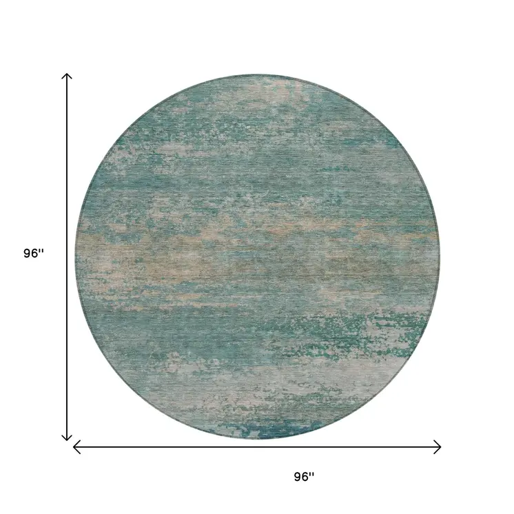 8' Aqua And Beige Round Abstract Washable Indoor Outdoor Area Rug