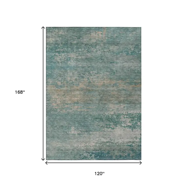 10' X 14' Aqua And Beige Abstract Washable Indoor Outdoor Area Rug