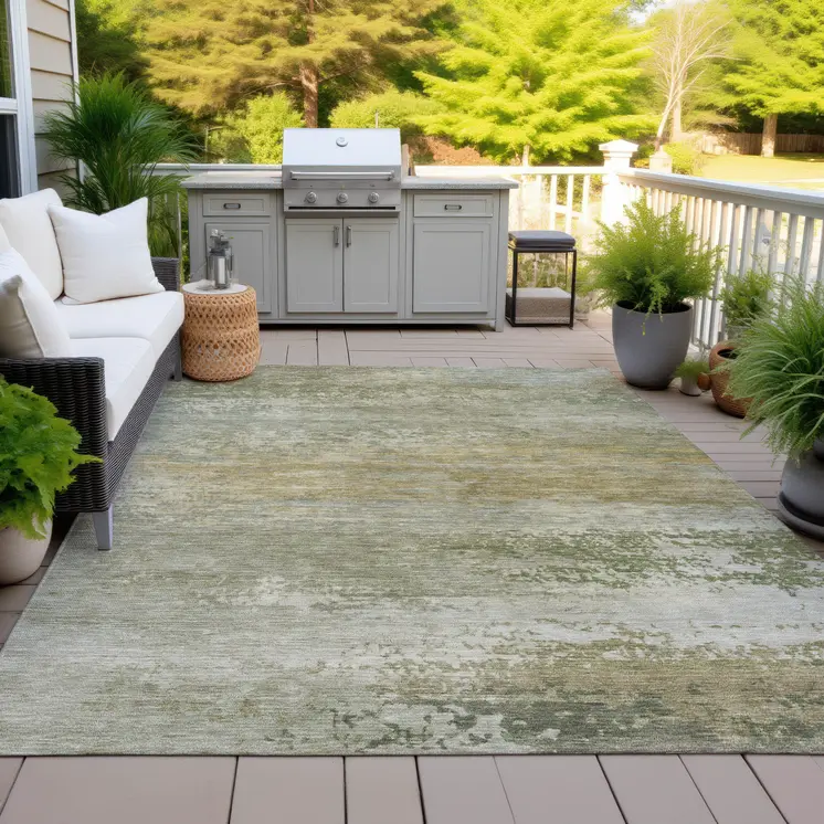 5' X 8' Beige And Fern Green Abstract Washable Indoor Outdoor Area Rug