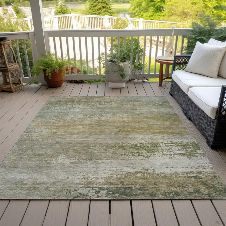 5' X 8' Beige And Fern Green Abstract Washable Indoor Outdoor Area Rug