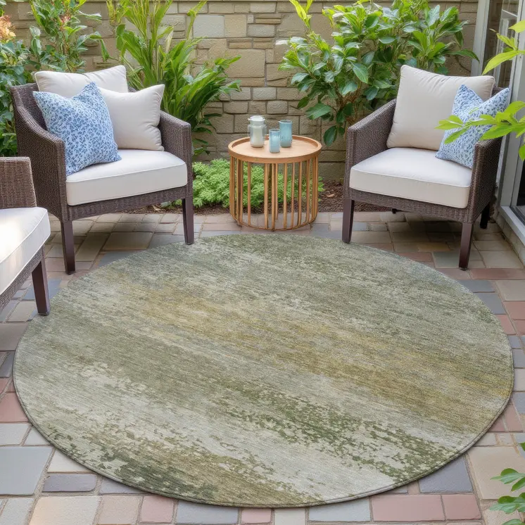 8' Beige And Fern Green Round Abstract Washable Indoor Outdoor Area Rug