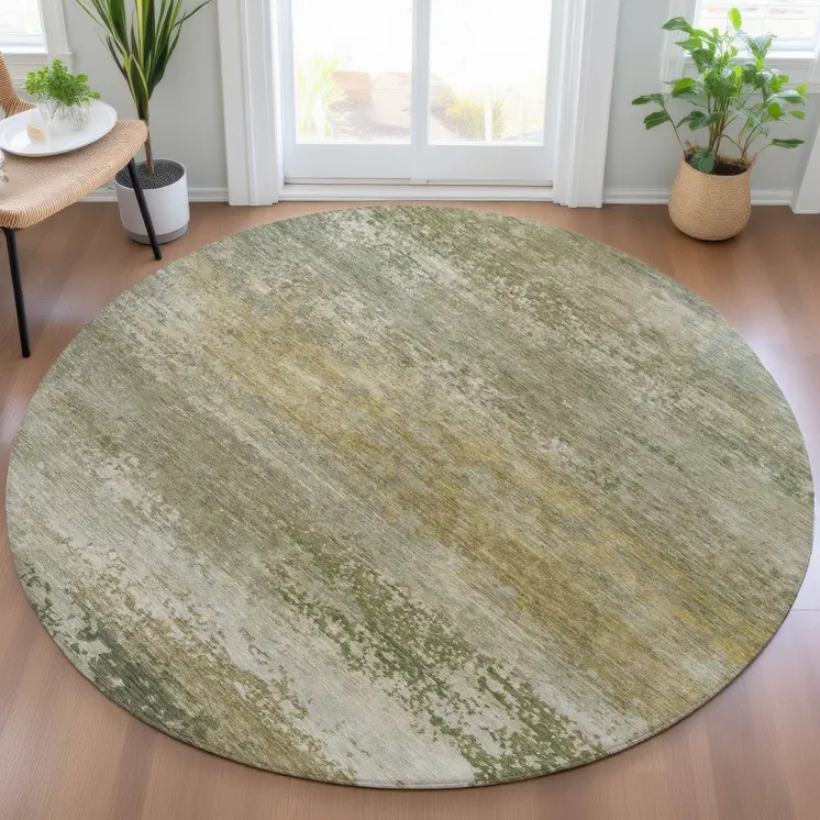 8' Beige And Fern Green Round Abstract Washable Indoor Outdoor Area Rug