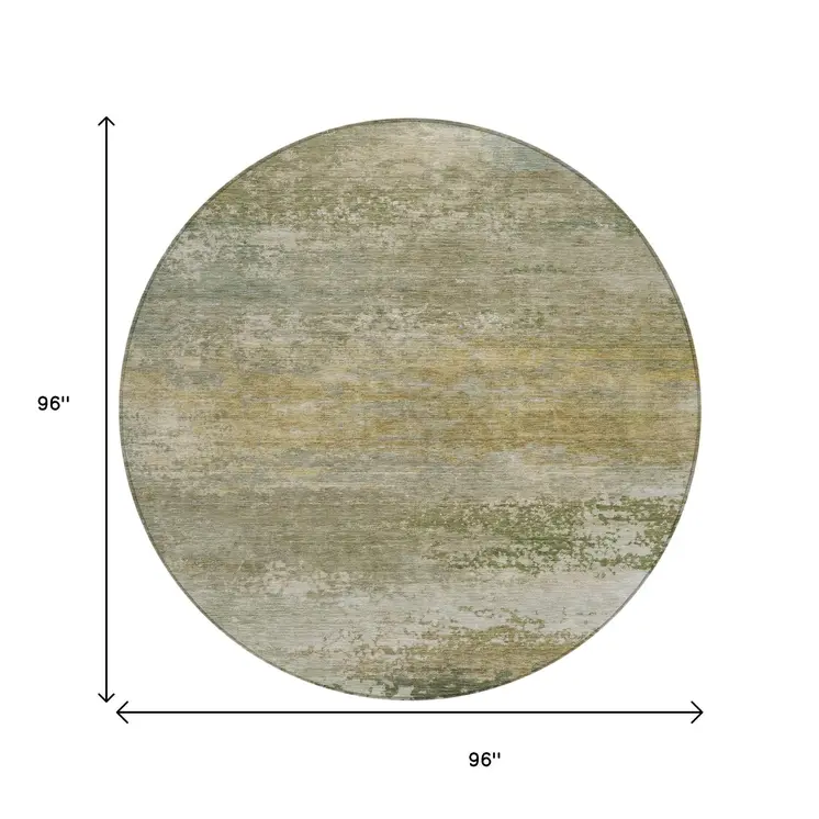 8' Beige And Fern Green Round Abstract Washable Indoor Outdoor Area Rug
