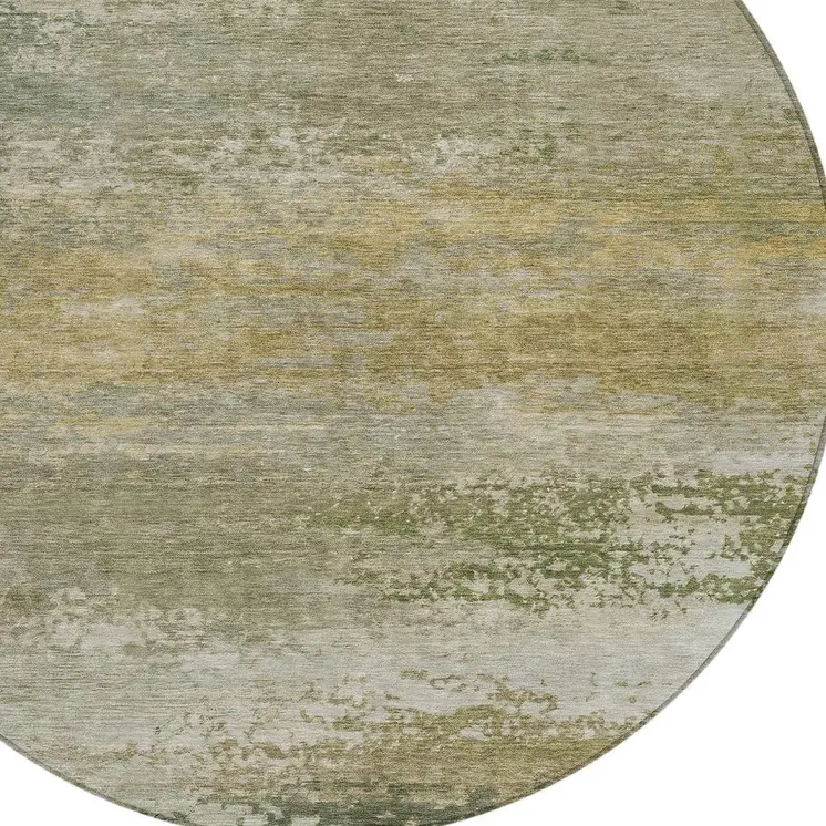 8' Beige And Fern Green Round Abstract Washable Indoor Outdoor Area Rug