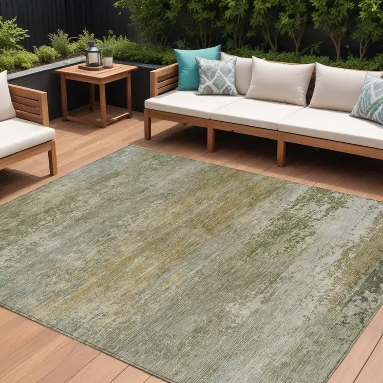 8' X 10' Beige And Fern Green Abstract Washable Indoor Outdoor Area Rug
