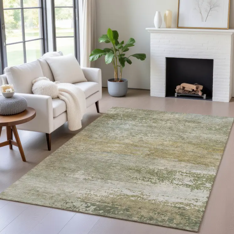 8' X 10' Beige And Fern Green Abstract Washable Indoor Outdoor Area Rug