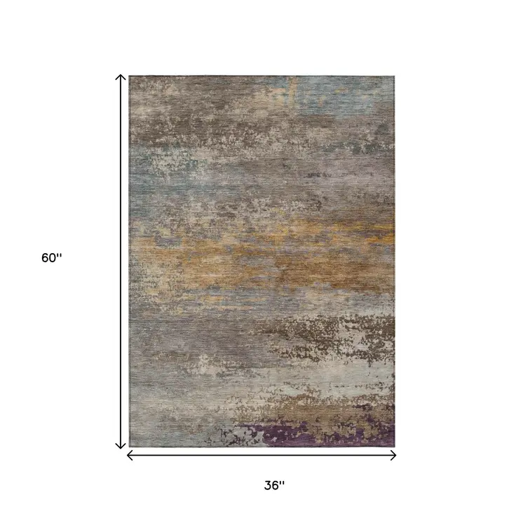 3' X 5' Brown Gray And Purple Abstract Washable Indoor Outdoor Area Rug
