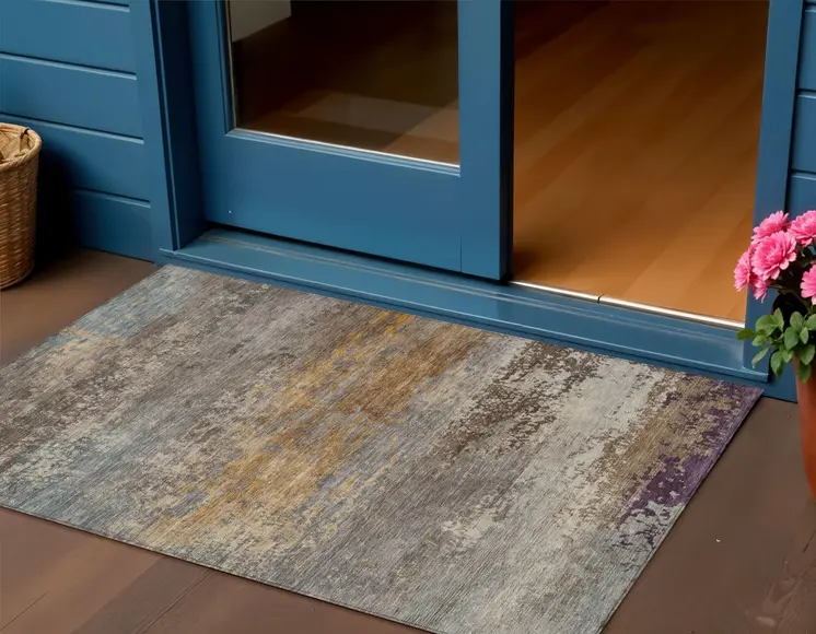 3' X 5' Brown Gray And Purple Abstract Washable Indoor Outdoor Area Rug
