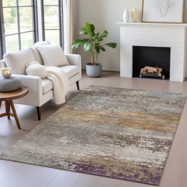 5' X 8' Brown Gray And Purple Abstract Washable Indoor Outdoor Area Rug