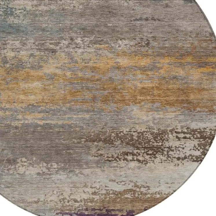 8' Brown Gray And Purple Round Abstract Washable Indoor Outdoor Area Rug