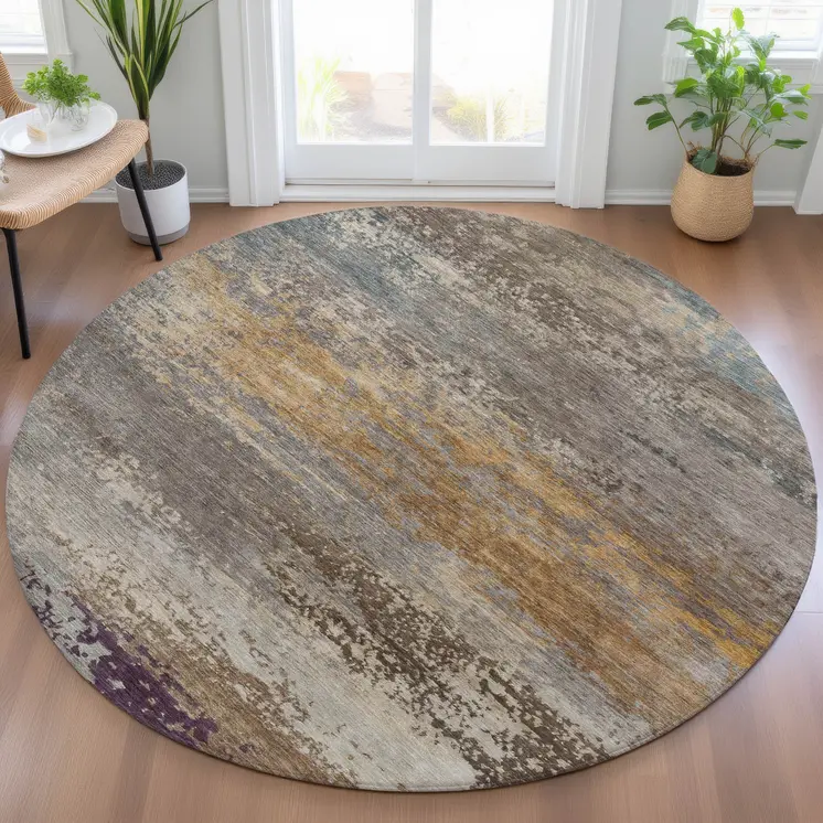 8' Brown Gray And Purple Round Abstract Washable Indoor Outdoor Area Rug