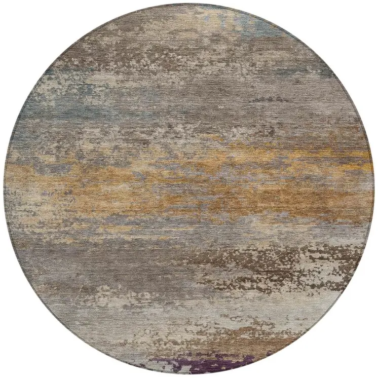 8' Brown Gray And Purple Round Abstract Washable Indoor Outdoor Area Rug