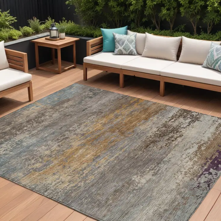 9' X 12' Brown Gray And Purple Abstract Washable Indoor Outdoor Area Rug