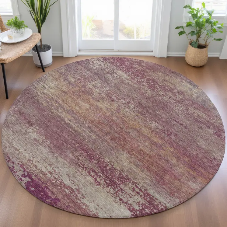8' Merlot Beige And Blush Round Abstract Washable Indoor Outdoor Area Rug