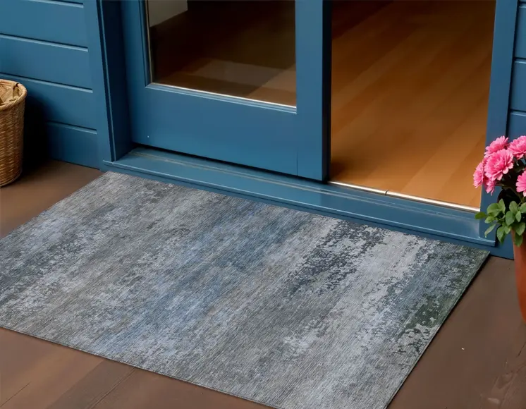 3' X 5' Pewter Navy Blue And Charcoal Abstract Washable Indoor Outdoor Area Rug