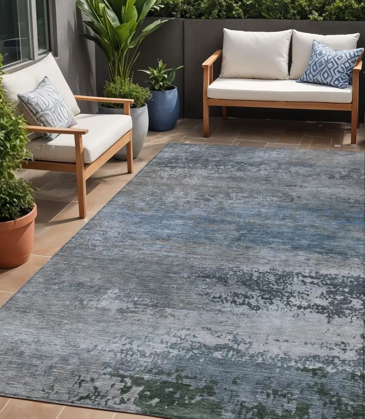 5' X 8' Pewter Navy Blue And Charcoal Abstract Washable Indoor Outdoor Area Rug