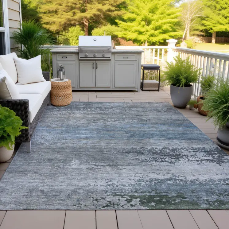 5' X 8' Pewter Navy Blue And Charcoal Abstract Washable Indoor Outdoor Area Rug