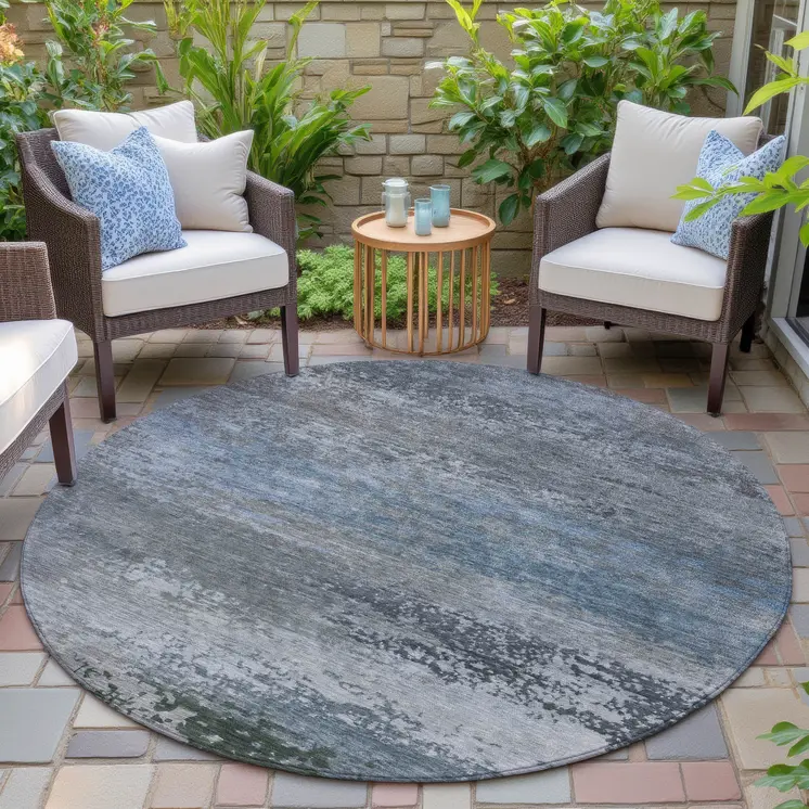 8' Pewter Navy Blue And Charcoal Round Abstract Washable Indoor Outdoor Area Rug