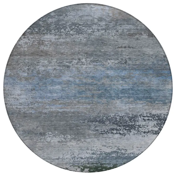 8' Pewter Navy Blue And Charcoal Round Abstract Washable Indoor Outdoor Area Rug