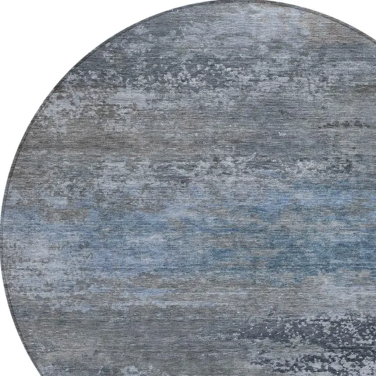 8' Pewter Navy Blue And Charcoal Round Abstract Washable Indoor Outdoor Area Rug