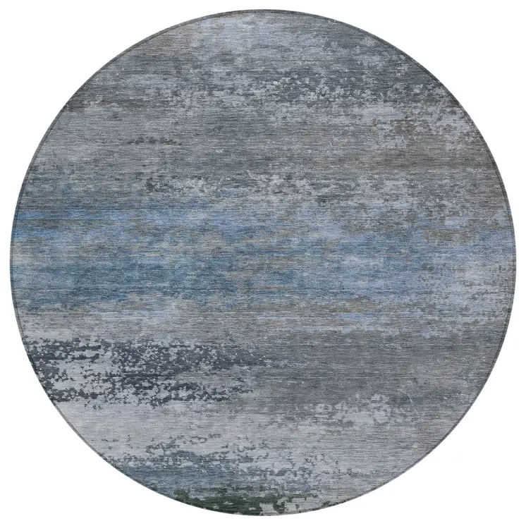 8' Pewter Navy Blue And Charcoal Round Abstract Washable Indoor Outdoor Area Rug