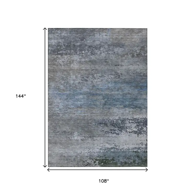 9' X 12' Pewter Navy Blue And Charcoal Abstract Washable Indoor Outdoor Area Rug