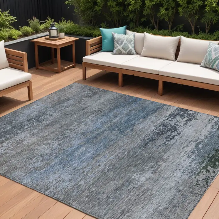 9' X 12' Pewter Navy Blue And Charcoal Abstract Washable Indoor Outdoor Area Rug