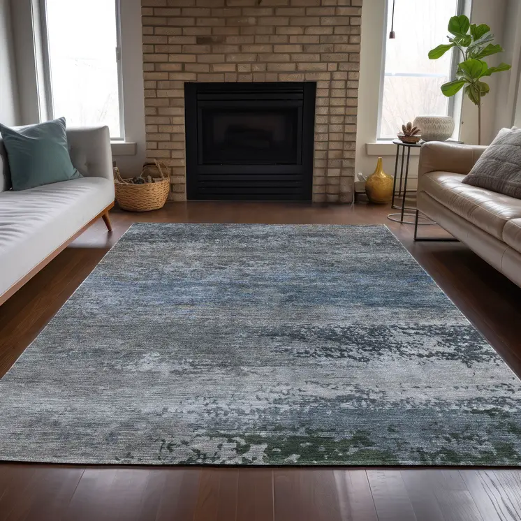 9' X 12' Pewter Navy Blue And Charcoal Abstract Washable Indoor Outdoor Area Rug