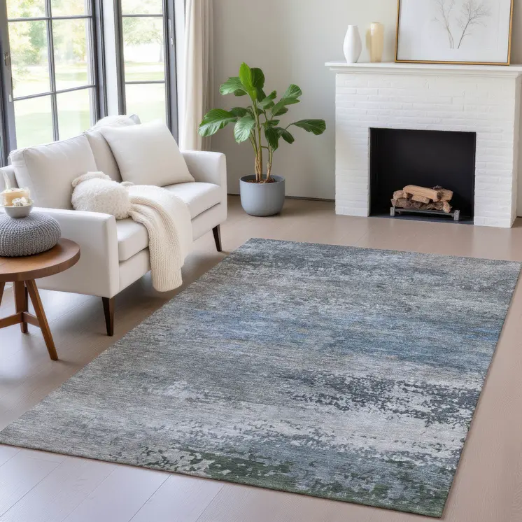 10' X 14' Pewter Navy Blue And Charcoal Abstract Washable Indoor Outdoor Area Rug